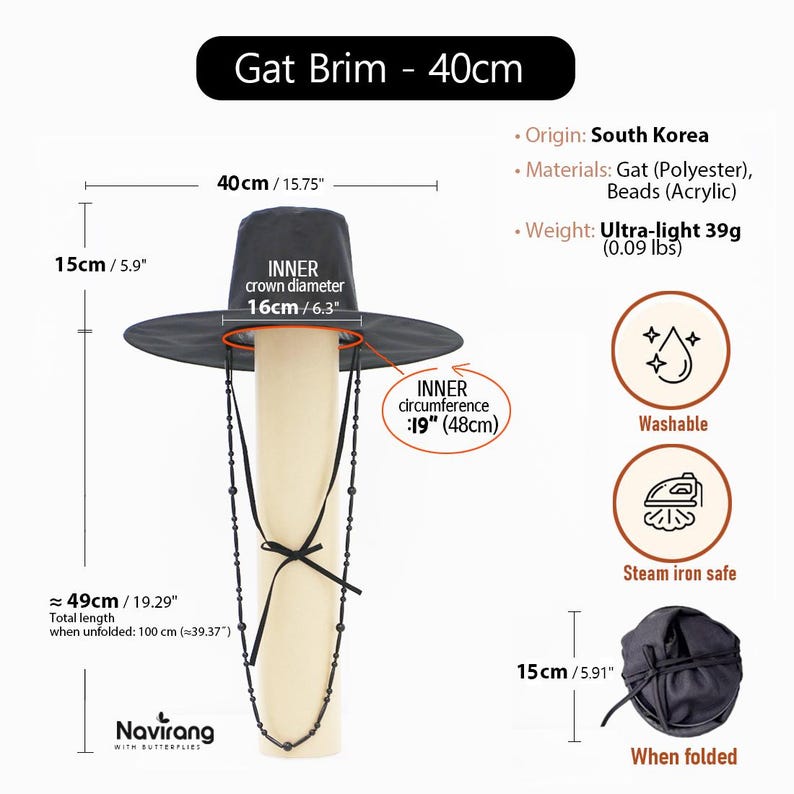 May include: A black Gat hat with a 15.75-inch brim and 6.3-inch inner crown diameter. It features black beaded chin straps, weighs 0.09 lbs, and is made of polyester and acrylic. The hat is washable, steam iron safe, and folds to 5.91 inches.