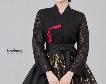 Korean Lace Jeogori Blouse, Modern Hanbok Top, Sheer Floral Jacket, Women’s Hanbok Shirt