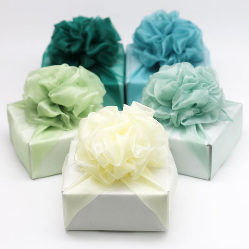 May include: Five small white gift boxes with different colored bows. The bows are made of sheer fabric and are in shades of green, blue, and cream.