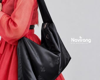 Hanbok Silk Bag with Free Norigae – Crossbody Bag Casual Hobo Bag Shoulder Bag, Korean Traditional Bojagi-Inspired, Black silk Fabric Bag