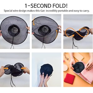 May include: A black mesh sun hat with a wide brim and a wire frame that allows it to be folded into a compact circular shape. The text 1-SECOND FOLD! Special wire design makes this Gat incredibly portable and easy to carry is visible above.