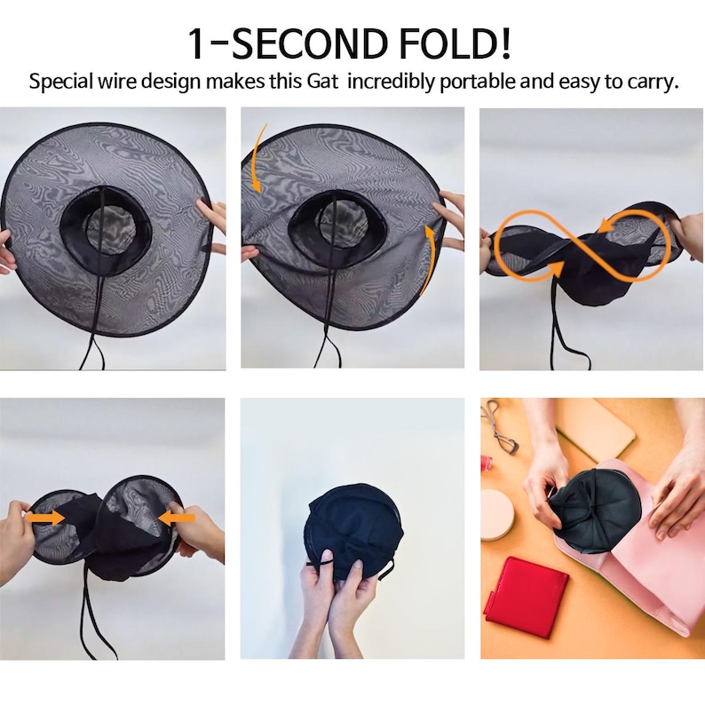 May include: A black mesh sun hat with a wide brim and a wire frame that allows it to be folded into a compact circular shape. The text 1-SECOND FOLD! Special wire design makes this Gat incredibly portable and easy to carry is visible above.