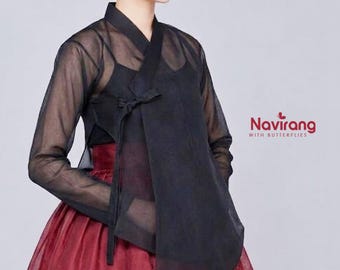 Hanbok Dangui Jeogori, Black See-Through Hanbok  Korean Jacket , Organza Top for Women