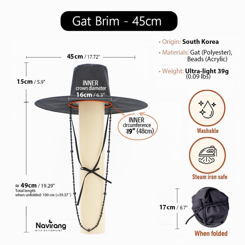 May include: A black Gat hat with a 45 cm brim, 16 cm inner crown diameter, and 19-inch inner circumference. It features a beaded chin strap, weighs 0.09 lbs, and measures 19.29 inches in total length. The hat is washable, steam iron safe, and folds to 6.7 inches.