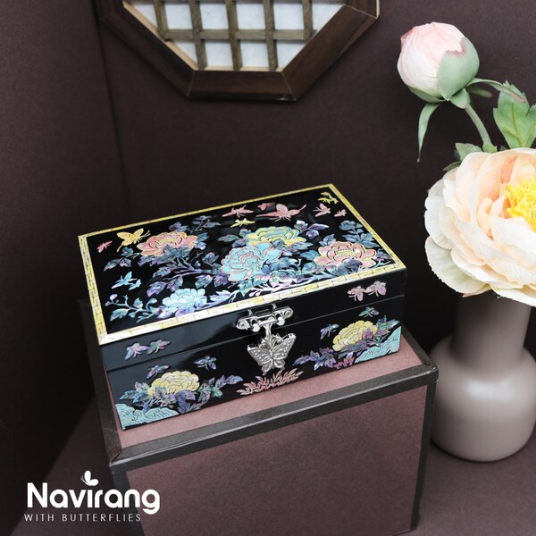 PEONY Jewelry Box - Small, Colorful, Black | Korean traditional mother-of-pearl, Premium Handmade, Gift for Mom, Girlfriend, Women, Girl