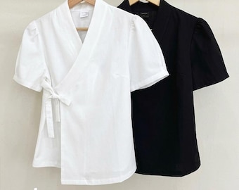 Modern Hanbok Blouse, Puff Sleeve Wrap Top, Korean Style Casual Shirt