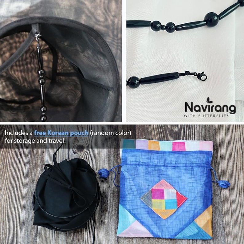 May include: A black hat with a beaded trim featuring cylindrical and spherical beads. The set includes a black drawstring pouch and a blue fabric pouch with a multicolored geometric patch and the text Navirang WITH BUTTERFLIES.