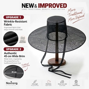 May include: A black, wide-brimmed hat with a cylindrical crown and long, thin fabric ties. The hat features a sheer, mesh-like texture and a 45 cm wide brim. Text on the image includes New & Improved, Wrinkle-Resistant Fabric, and 39 g.