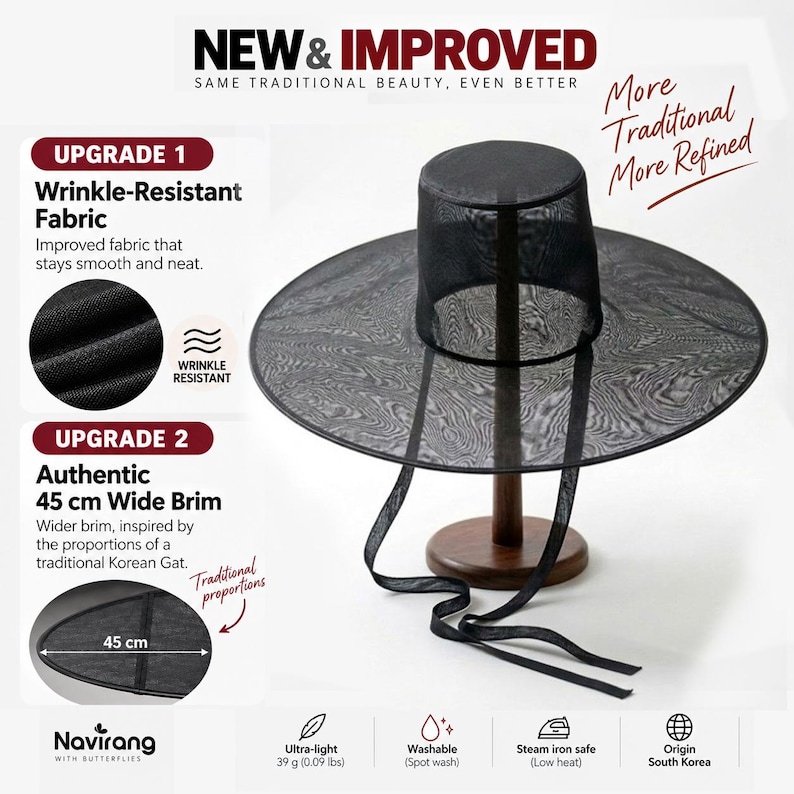 May include: A black, wide-brimmed hat with a cylindrical crown and long, thin fabric ties. The hat features a sheer, mesh-like texture and a 45 cm wide brim. Text on the image includes New & Improved, Wrinkle-Resistant Fabric, and 39 g.
