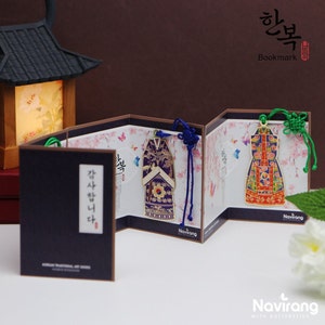 HANBOK Bookmark Set of 2 with Gift Cards & Envelopes / Korean Traditional Arts Bookmark - Premium·High Quality 24K Gold Plated,