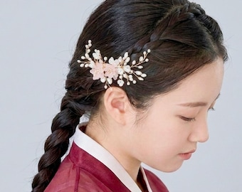 Peach Blossom Pearl Wire Hair Clip - Hanbok Accessory, Traditional Korean Hair Pin for Women