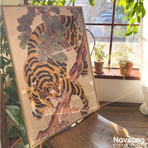 Good Luck Tiger, Dragon, Phoenix, 2025 Blue Snake Painting Frame A2 -Korean Traditional Folk Painting Minhwa, Vintage Art Painting Wall Deco