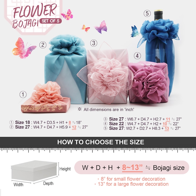 May include: Set of five flower wrapping cloths, or Bojagi, in various colors and sizes. The cloths are made of sheer fabric and feature a decorative flower design. The image includes instructions on how to choose the right size Bojagi for your gift, based on the width, depth, and height of the gift.