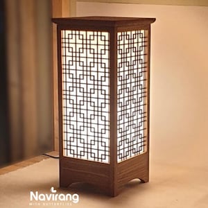 HANJI Paper Lamp - Korean Traditional Window Art, Wood Table Night Light, Wooden Night, 8w LED Bulb, 2m Wire Cable, Housewarming Gift