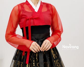 Hanbok Jeogori, kort doorschijnend wikkeljasje, doorschijnende Koreaanse crop top, organza top voor dames