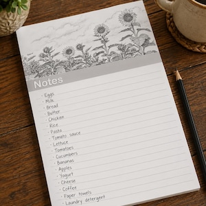Könnte beinhalten: Ein rechteckiger Notizblock mit einer schwarz-weißen Illustration von Sonnenblumen am oberen Rand. Das Wort Notes ist in einer grauen Kopfzeile über liniertem Papier gedruckt. Die Liste enthält Artikel wie Eggs, Milk, Bread, Butter, Chicken, Rice, Pasta, Tomato sauce, Lettuce, Tomatoes, Cucumbers, Bananas, Apples, Yogurt, Cheese, Coffee, Paper towels und Laundry detergent.