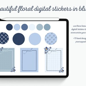 Könnte beinhalten: Ein digitales Planer-Sticker-Set mit blauen Blumenmustern. Das Set enthält eine Vielzahl von Stickern, darunter Kreise, Quadrate und Rechtecke. Die Sticker sind vorgefertigt und können in digitalen Planern verwendet werden.