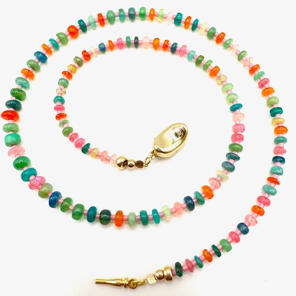 Ethiopian Opal Candy Necklace - Handcrafted Vibrant Dyed Gemstone with Delicate Pink Seed Beads - Perfect Valentine's Day Gift Idea for Her