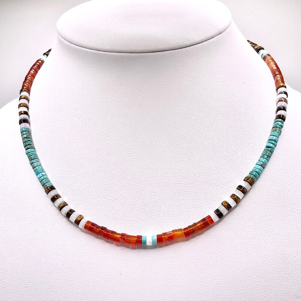 Native American Necklace With Turquoise Heishi Beads Navaho Vibe, Trendy Layering Necklace for Fall, Jewelry Gift for Women Real Gemstones