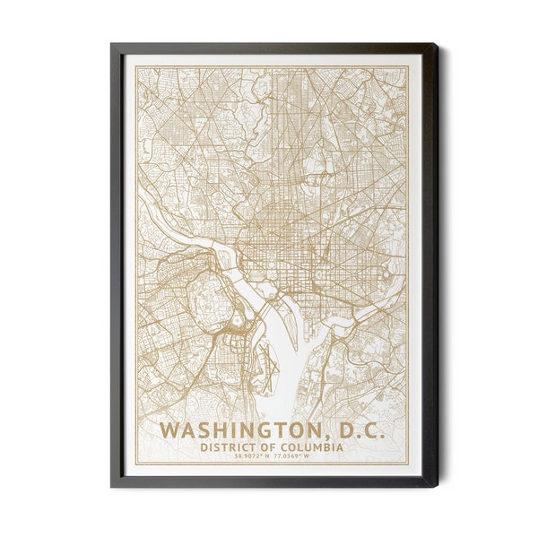 Washington DC Map, High Resolution Real Gold Leaf Texture, Coordinates, Washington DC Poster, Map of DC, Perfect Details, Printable.