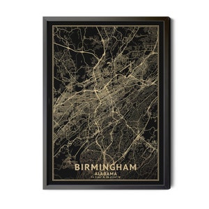Birmingham Alabama Map, Black, High Resolution Real Gold Leaf Texture, Coordinates, Map of Birmingham, City Map, Perfect Details, Printable