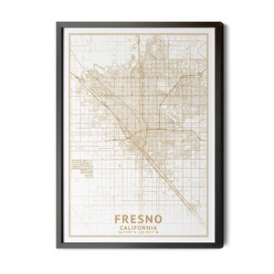 Fresno California Map, High Resolution Real Gold Leaf Texture, Coordinates, Map of Fresno, Fresno CA, City Map, Perfect Details, Printable