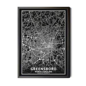 Greensboro North Carolina Map, Black and White, Inverted, Coordinates, Map of Greensboro NC, City Street Map, Perfect Details, Printable