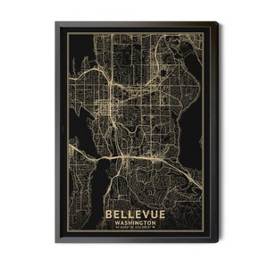 Bellevue Washington Map, Black, High Resolution Real Gold Leaf Texture, Coordinates, Map of Bellevue, City Map, Perfect Details, Printable
