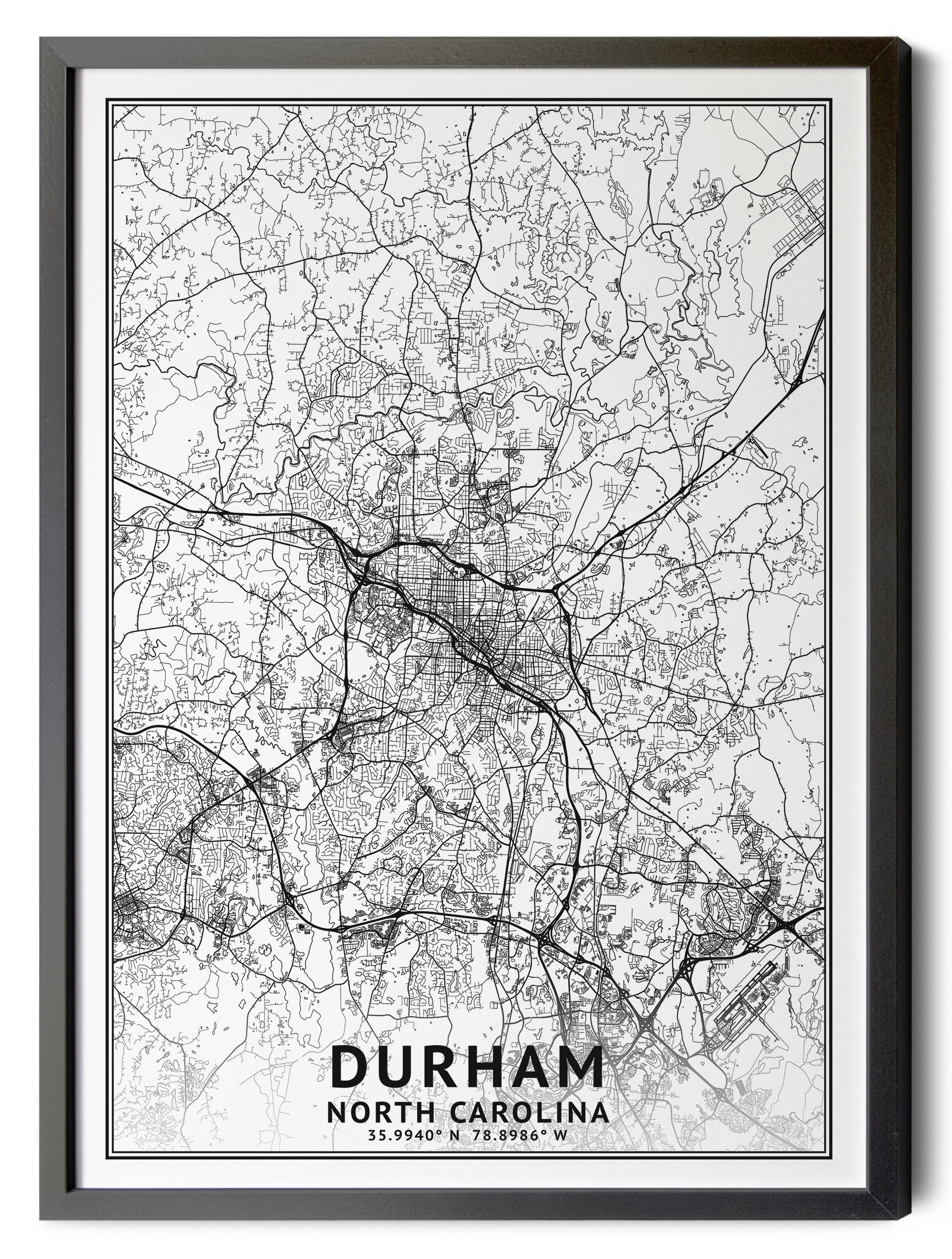 Durham North Carolina Map, Black and White, Coordinates, Map of Durham, Durham NC, City Street ...