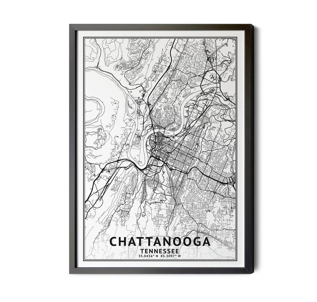 Chattanooga Tennessee Map, Black and White, Coordinates, Map of ...