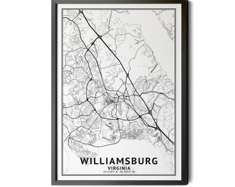 Williamsburg Virginia Map, Black and White, Coordinates, Map of Williamsburg, Williamsburg VA, City Street Map, Perfect Details, Printable