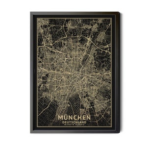 Munich Germany Map, München Deutschland Map, Black, High Resolution Real Gold Leaf Texture, Coordinates Map, Perfect Details, Printable