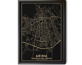 Arima Trinidad and Tobago Map, Black, High Resolution Real Gold Leaf Texture, Coordinates, Map of Arima, Perfect Details, Printable