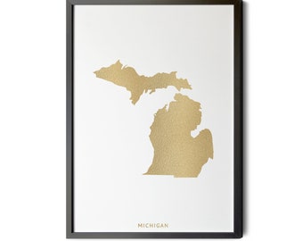 Michigan Map, Gold Foil Texture, Contemporary, Michigan Wall Art, Map of Michigan, Michigan State Map, Michigan, Silhouette, Printable