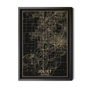 Joliet Illinois Map, Black, High Resolution Real Gold Leaf Texture, Coordinates, Map of Joliet IL, City Map, Perfect Details, Printable