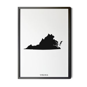 Virginia Map, Black and White, Minimalist, Virginia Wall Art, Virginia Poster, Map of Virginia, VA Map, State Map, Silhouette, Printable