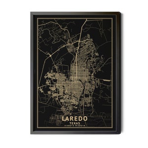 Laredo Texas Map, Black, High Resolution Real Gold Leaf Texture, Coordinates, Map of Laredo, Laredo TX, City Map, Perfect Details, Printable