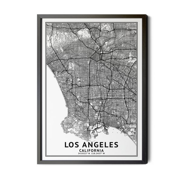 Los Angeles California Map, Coordinates Map, Los Angeles Map Print, City Map Art, Black and White, Map of Los Angeles, LA Map, Printable.