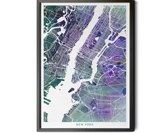 New York City Map, Watercolor Green Purple, New York City Print, New York City Poster, Map of New York, NYC Map, City Street Map, Printable