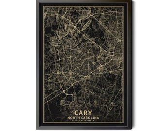 Cary North Carolina Map, Black, High Resolution Real Gold Leaf Texture, Coordinates, Map of Cary, Cary NC, Perfect Details, Printable