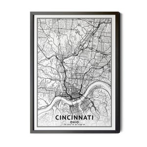 Cincinnati Ohio Map, Black and White, Coordinates, Map of Cincinnati, Cincinnati OH, Map Art, City Map, Perfect Details, Printable