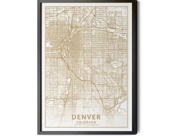 Denver Colorado Map, High Resolution Real Gold Leaf Texture, Coordinates, Map of Denver, Denver CO, City Map, Perfect Details, Printable