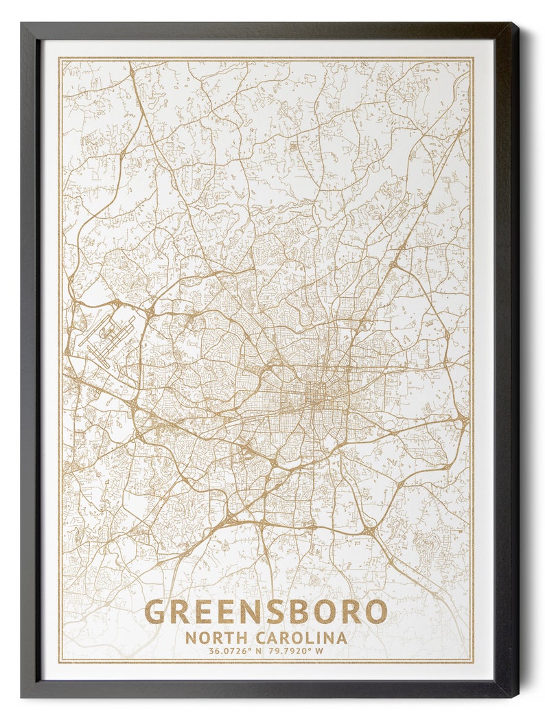 Greensboro North Carolina Map, High Resolution Real Gold Leaf Texture, Coordinates, Map of ...