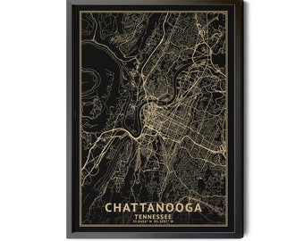 Chattanooga Tennessee Map Art: Black & Gold Leaf Texture (Printable)
