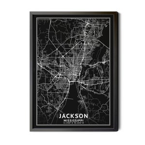 Jackson Mississippi Map, Black and White, Inverted black, Coordinates, Jackson Map, Map of Jackson, Jackson MS Map, Map Art, Perfect Details