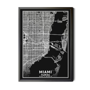 Miami Florida Map, Black and White, Inverted Black, Miami Poster, Coordinates, Map of Miami, Miami City Map, Perfect Details, Printable Map