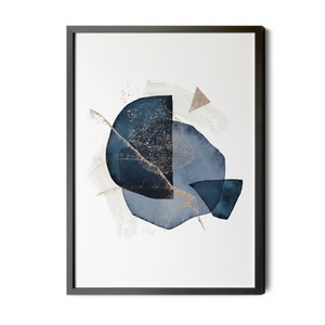 Navy Blue Wall Art, Gold Foil Texture, Abstract Art Print, Watercolor Shapes, Modern Art Print, Printable, up to Large Wall Decor Sizes