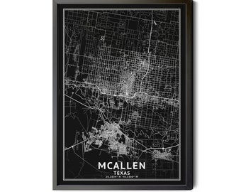McAllen Texas Map, Black and White, Inverted, Coordinates, Map of McAllen, McAllen TX, City Street Map, Map Art, Perfect Details, Printable