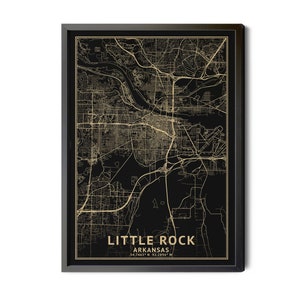 Little Rock Arkansas Map, Black, High Resolution Real Gold Leaf Texture, Coordinates, Map of Little Rock AK, Perfect Details, Printable