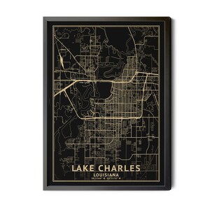 Lake Charles Louisiana, Map, Black, High Resolution Real Gold Leaf Texture, Coordinates, Lake Charles LA, Perfect Details, Printable